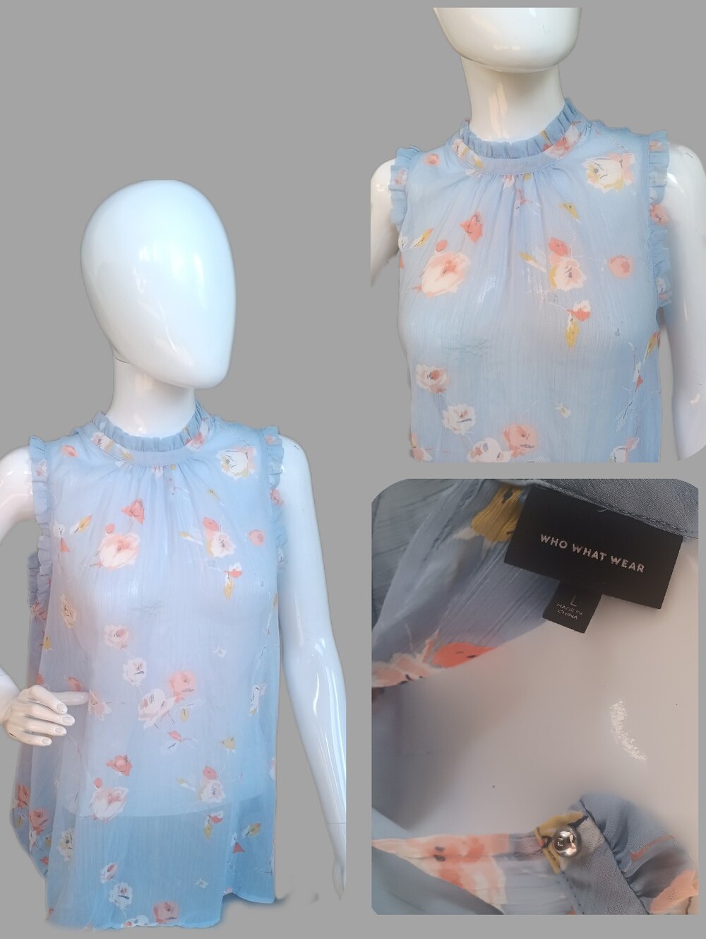 Now $5. Who What Wear Light Blue Floral Sleeveless Ruffle-Neck Blouse